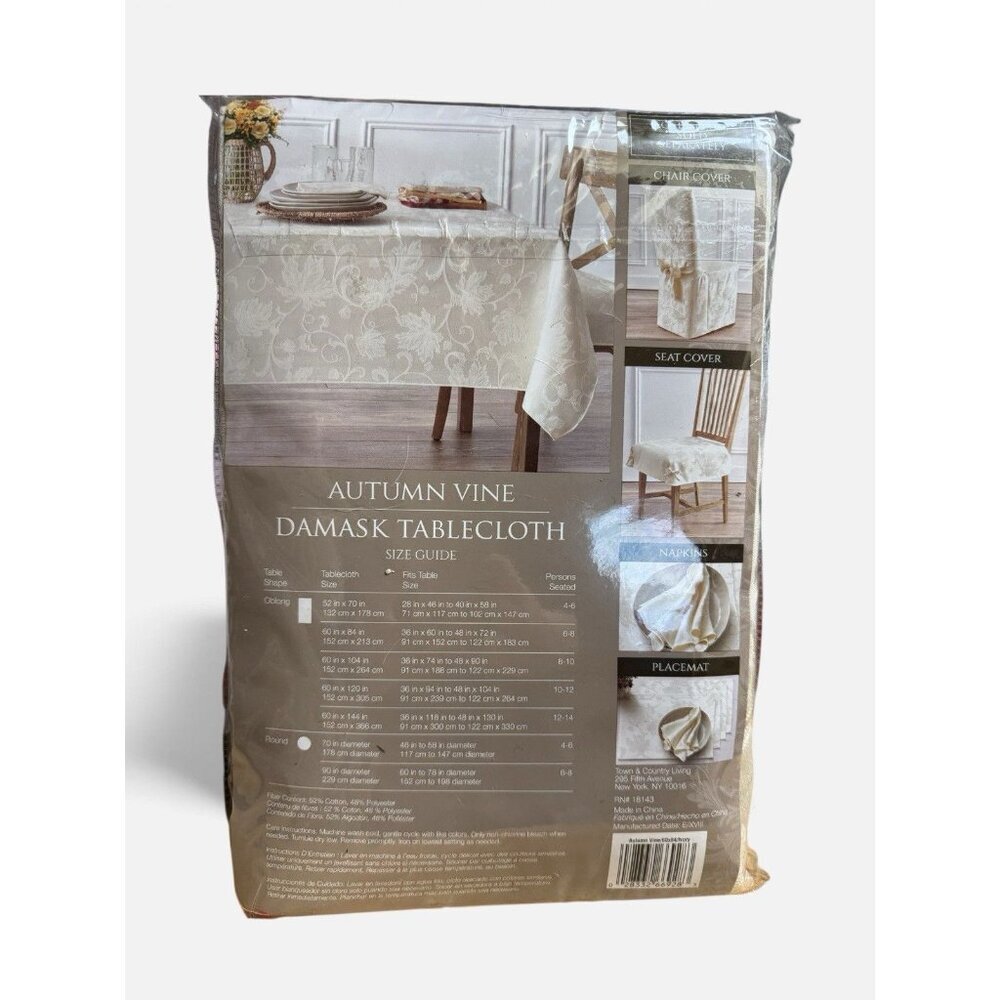 Autumn Vine Damask Tablecloth Ivory 60x84 Oblong New In Package